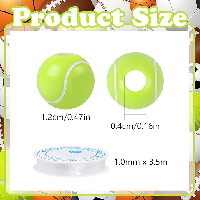 100pcs Tennis Beads with 5.5 Yard Elastic Rope,Acrylic Sports Beads DIY Spacer Bead for Necklace Bracelet Keychains Handmade Jewelry Making Accessories Craft Supplies,12mm(Tennis)