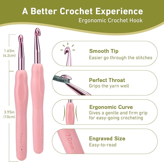 7mm Crochet Hook, Supers Smooth 7 mm Ergonomic Crochet Hooks for Beginner, Comfort for Arthritic, 1 Pack