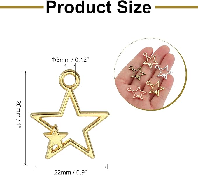 uxcell 100Pcs Alloy Open Bezel Pendants, Star Open Back Hollow Frame Pendant Geometric for Resin Jewelry Making Earrings Necklace Bracelet DIY, Gold
