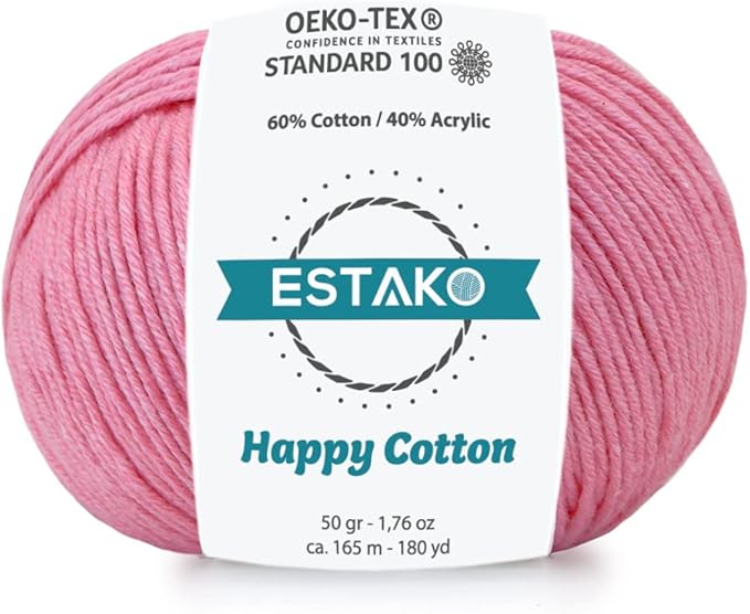 Estako Happy Cotton, 60% Cotton 40% Acrylic Yarn, Soft, Fine/Sport (2) for Crochet and Knitting 1.76 Oz (50g) / 180 Yrds (165m) (4320 - Pink)