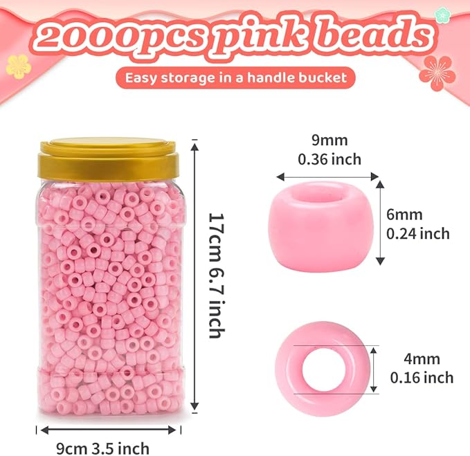 iooleem pony beads(2000pcs pink pony beads), beads for bracelets making, beads for crafts, beading supplies, friendship bracelets making.