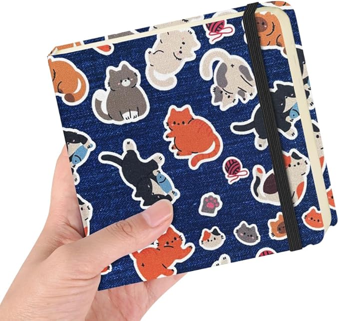 Square 4.8x4.8 inches 80gsm 96sheets/192 Pages Notebooks Blank Sketchbooks Travel Journal Pocket Hardcover Paint Writing Diary Memo Planner Cloth Cover. Line Ball Cat