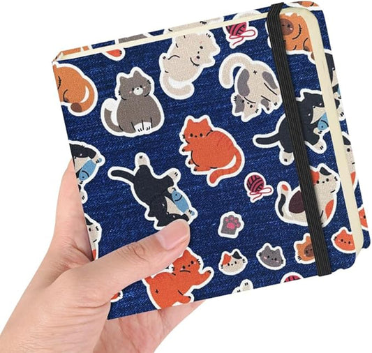 Square 4.8x4.8 inches 80gsm 96sheets/192 Pages Notebooks Blank Sketchbooks Travel Journal Pocket Hardcover Paint Writing Diary Memo Planner Cloth Cover. Line Ball Cat