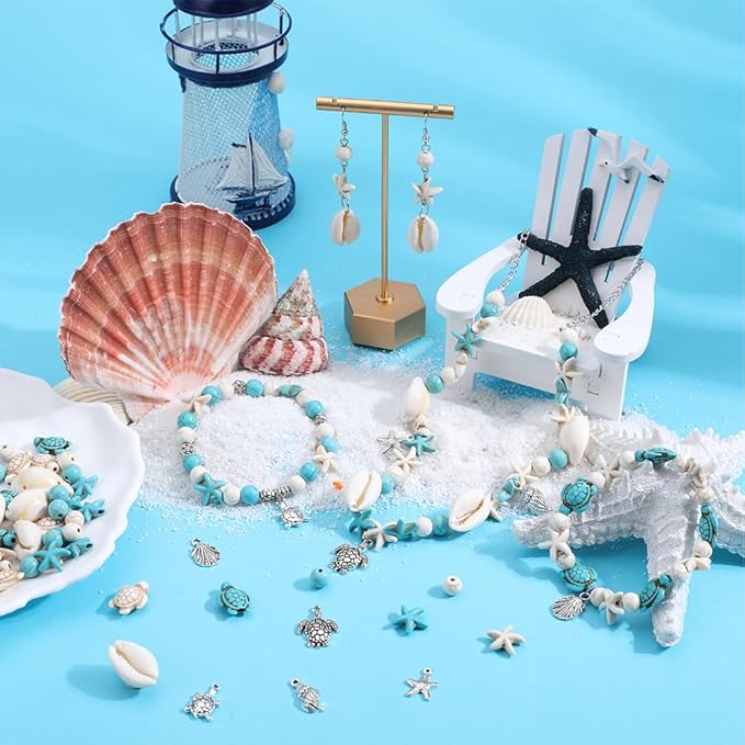 SUNNYCLUE 1 Box 12 Styles Turtle Beads Boho Style Starfish Beads Bulk Blue White Synthetic Turquoise Sea Turtles Charms Hawaii Shell Round Loose Spacers for Jewelry Making Beading Kits