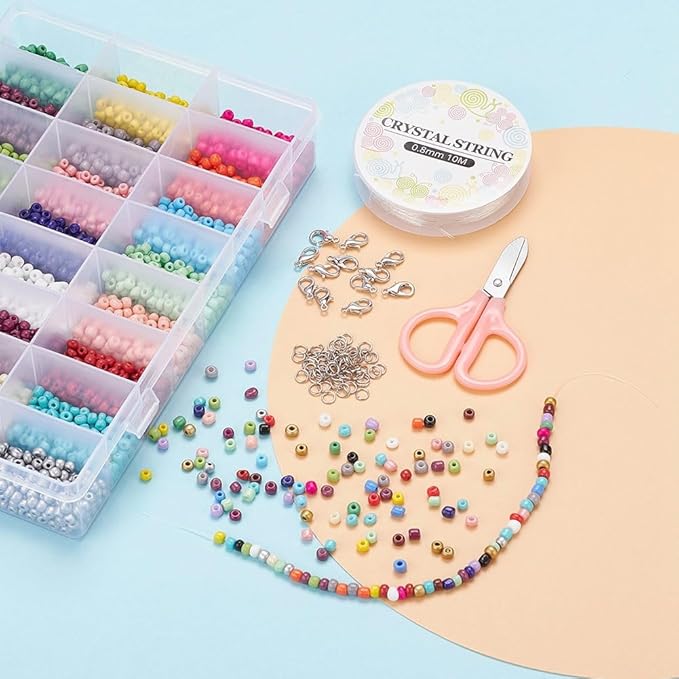 3600 Pcs 4mm Glass Seed Beads Bracelet Making Kit, Small Beads Friendship Jewelry Craft Kit with Lobster Clasps, Jump Rings & Elastic Cord, DIY Art Craft Gift for Girls