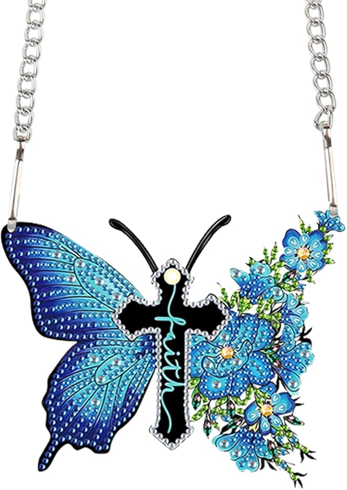 DIY 5D Diamond Painting Hanging Kit, Blue Butterfly Cross Faith Acrylic Pendant Ornament, Religious Special Shaped Diamond Art for Adults, Wall, Door, or Garden Decor Craft Gift