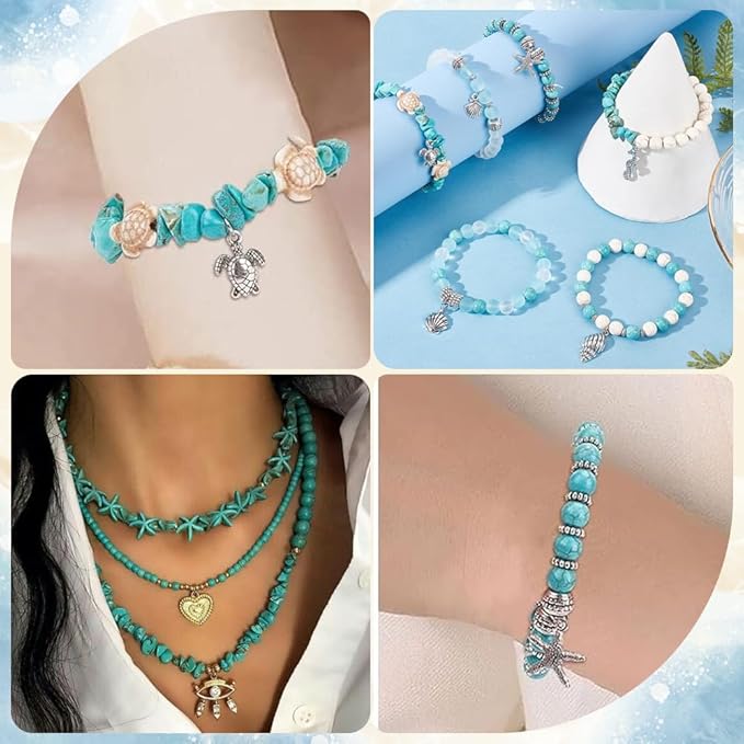 SUNNYCLUE 1 Box 217Pcs Turtle Beads Starfish Beads Boho Sea Turtle Starfish Shell Charm Bulk Summer Hawaii Ocean Charms Turquoise Loose Spacers for Jewelry Making Kits DIY Craft Supplies
