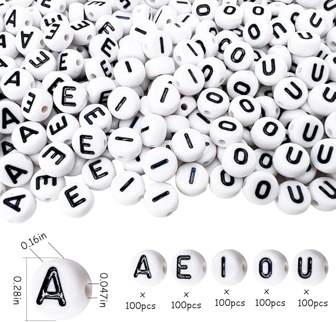 MIIIM 1000pcs Vowel Pony Letter Beads for Keychains Making (A, E, I, O, U), 4x7mm Round Letter Beads for Bracelets Making, Alphabets, Numbers (White and Black)