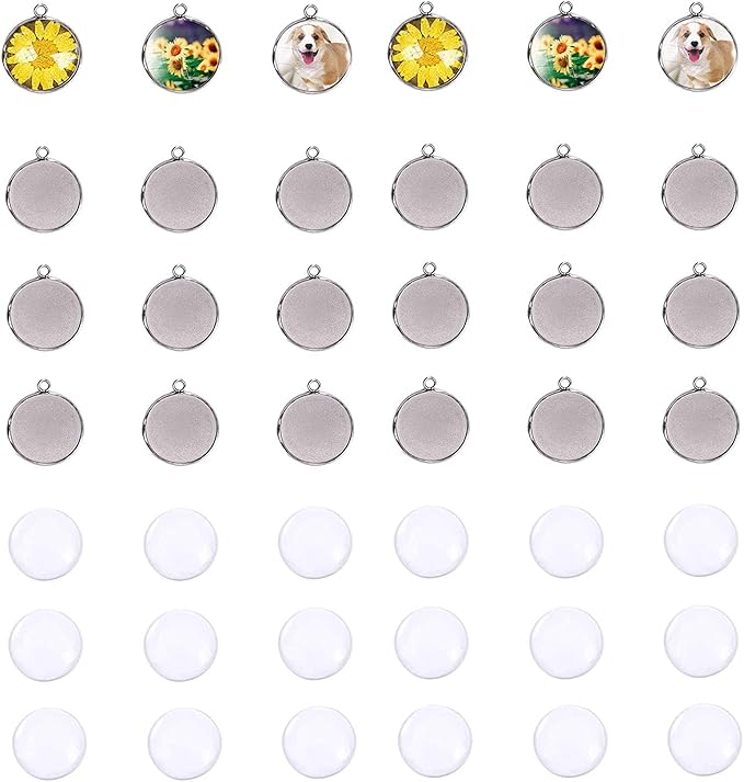 LANBEIDE 50 Pieces Bezel Pendant Trays with 50 Clear Glass Cabochon Dome Tiles Clear Cameo for Crafting DIY Jewelry Making 12X12mm (Total 100 Pcs)
