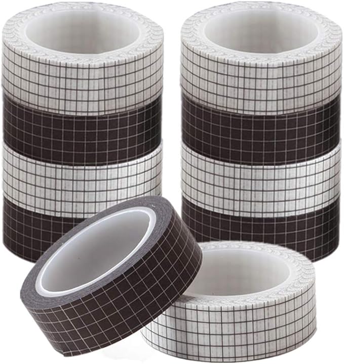 10 Rolls White Black Grid Washi Tape Set 33Feet 3/5Inch Wide Writable Self Adhesive Masking Tapes Sticky Decorative Paper Tape for Arts DIY Scrapbooking Planners Suplies