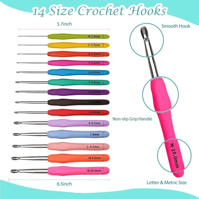 yarniss crochet kits for beginner, all-inclusive crochet kit for adults with 14 size ergonomic crochet hooks,12 crochet yarns balls & crochet bag,bright blue
