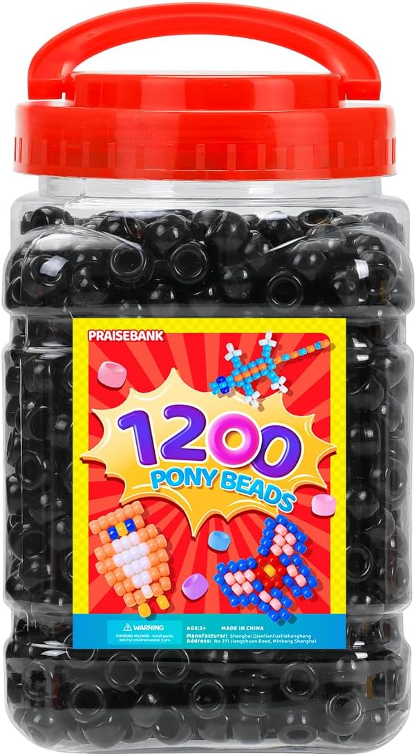 praisebank pony beads, 1200pcs 6x9mm, wholesale beads, bracelets jewelry making, arts & crafts(black)