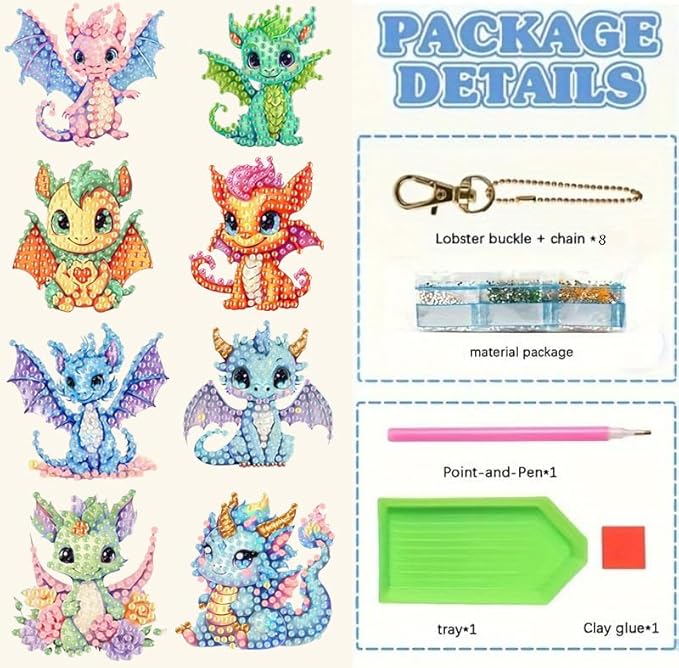 Masendp 8 Pieces Diamond Painting Keychain Cartoon Style Diamond Art Jewelry Double Sided 5D Diamond Painting Kit for Beginners Adult DIY Art Craft Gift Home Decor (Dragon)