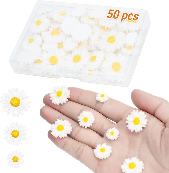 AquaLume Daisy Flowers Craft Kit, 50 Pcs Resin Daisies in 3 Sizes with Storage Box, Flat Back Floral Embellishments for DIY Scrapbooking, Home Wedding Party Decor, Food Safe Decoration