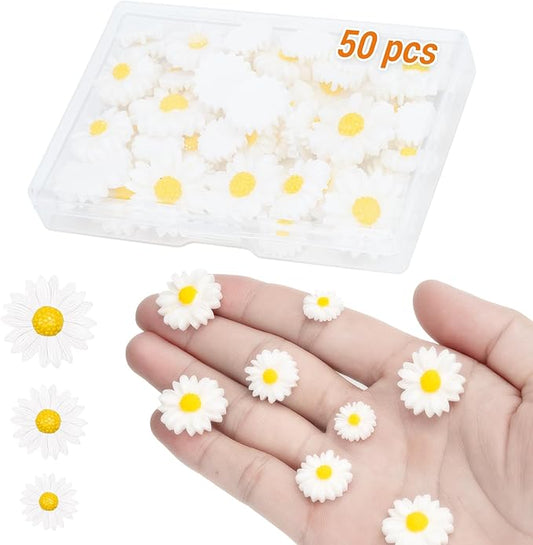 AquaLume Daisy Flowers Craft Kit, 50 Pcs Resin Daisies in 3 Sizes with Storage Box, Flat Back Floral Embellishments for DIY Scrapbooking, Home Wedding Party Decor, Food Safe Decoration