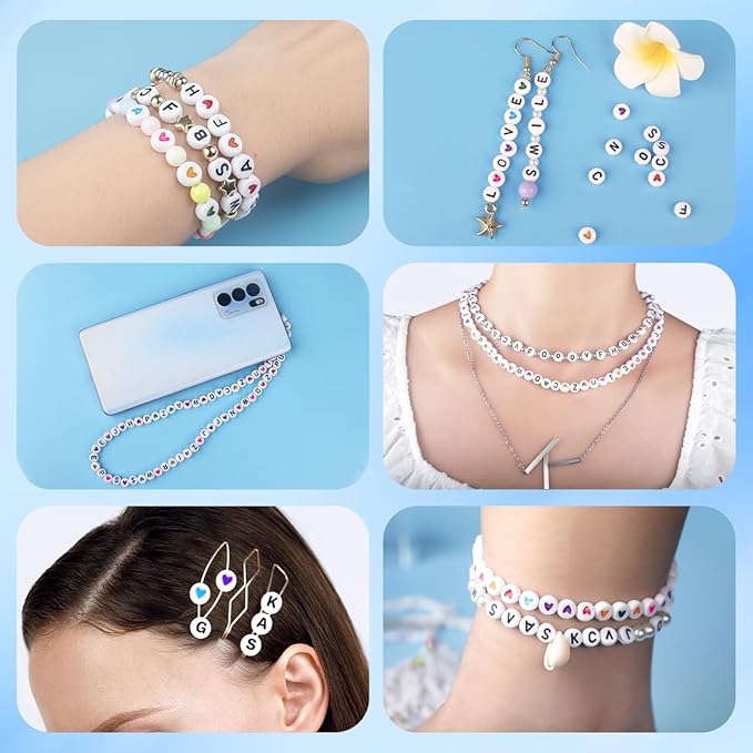 sutoug 1000pcs colourful letter beads for threading, 4 x 7 mm, a-z white letter beads and colourful heart beads, acrylic round beads for jewellery diy making crafts bracelets necklaces ornaments penda