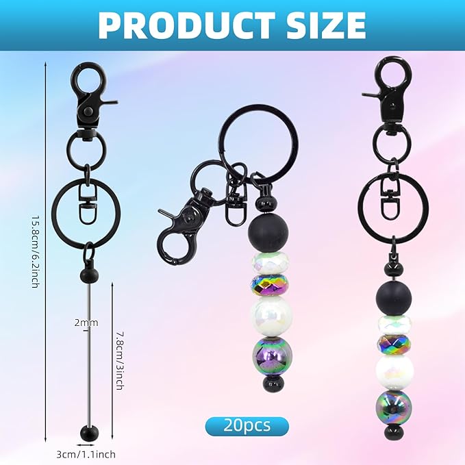 20 Pcs Beadable Keychains Bulk Kit – DIY Keychain Making Supplies with Metal Blanks for Crafts, Jewelry, Charms, Custom Projects – Blank Chain Bars for Beaded Keychain Design (Black)