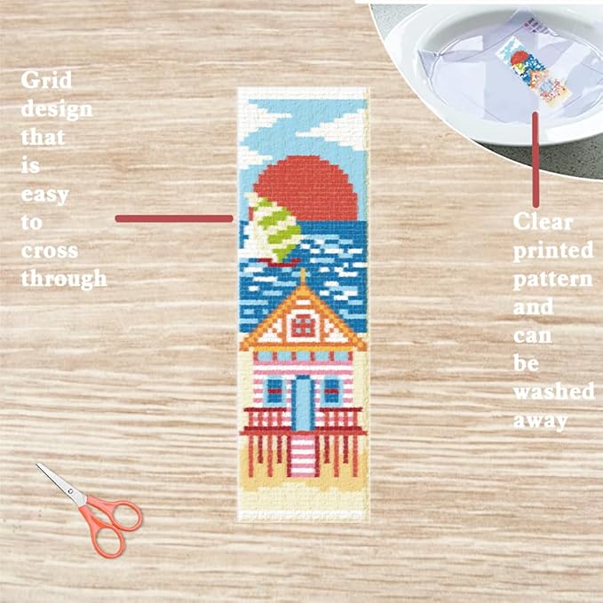FREEBLOSS 6 PCS Cross Stitch Bookmark Kits for Beginner Summer Beach Scenery Stamped Cross Stitch Kit DIY Embroidery Bookmark Kit with Instructions 8'' x 2.4''