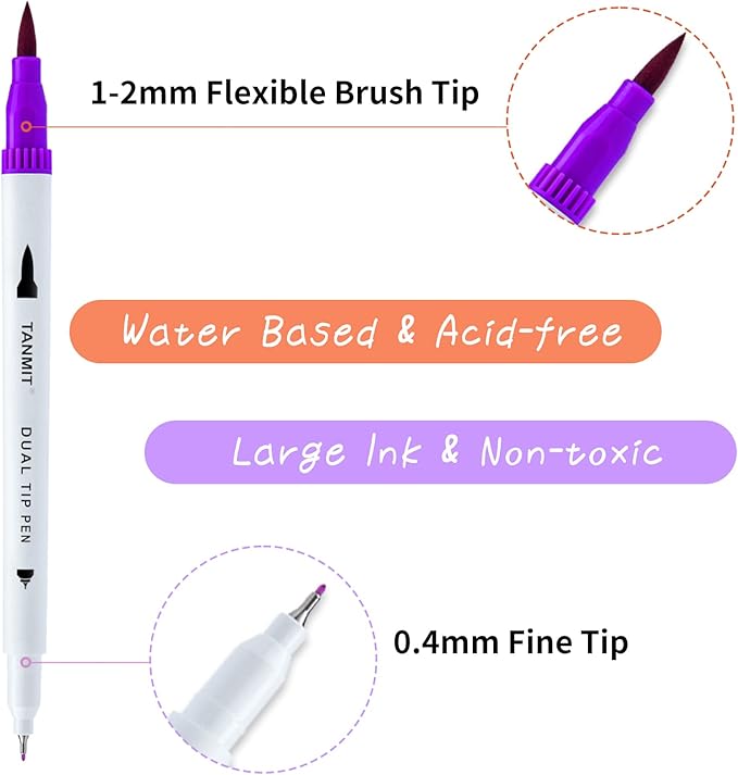 Dual Brush Marker Pens for Coloring Books, Tanmit Fine Tip Coloring Marker & Brush Pen Set for Journaling Note Taking Writing Planning Art Project