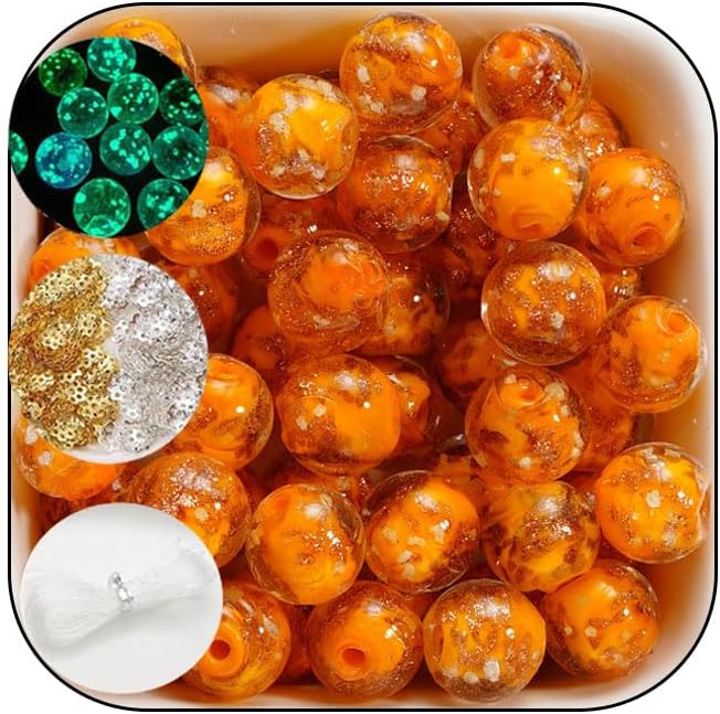 200 PCS 8mm Glow in The Dark Beads Bulk Round Luminous Glass Beads with Holes for Jewelry Making Bracelets Earrings Necklace Glow Loose Spacer Ball Bead DIY Craft Kit (Orange)