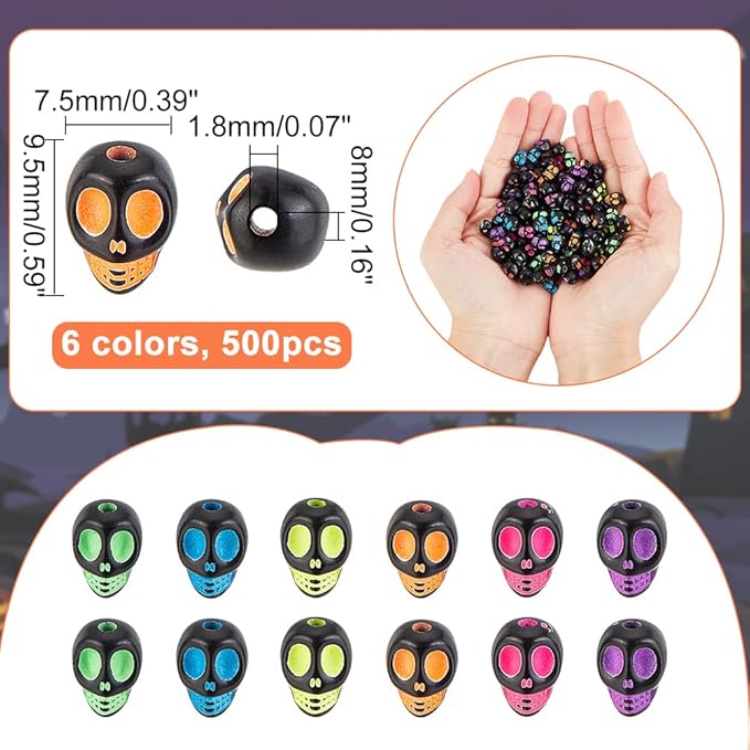 arricraft 500 Pcs Acrylic Skull Beads, Black Skeleton Skull Head Beads Craft Style Skull Shape Acrylic Loose Beads for DIY Craft Jewelry Making Bracelet Necklace