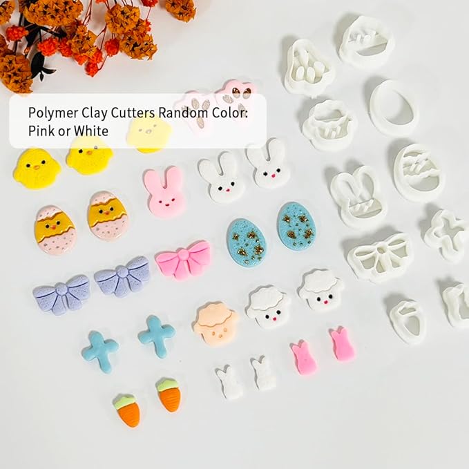 Xaekicr Easter Polymer Clay Cutters Set – 10pcs Clay Earring Cutters for Easter Eggs, Bunny, Chick, Bow and More – DIY Clay Tools & Polymer Clay Molds for Jewelry Making