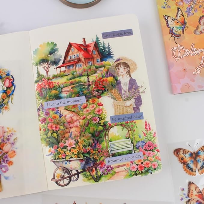 30 Sheets Precut Colorful Garden Landscape Stickers Book for Junk Journal Supplies, Transparent PET Stickers for Journaling, Scrapbooking, Bujo, Collage, Card Making