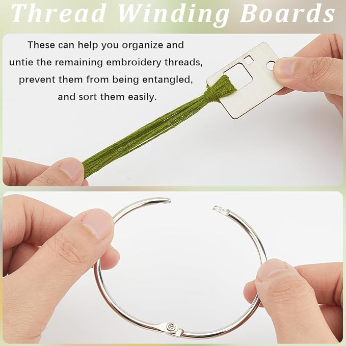 GORGECRAFT 100Pcs Wood Thread Cross Stitch Bobbins Rectangle Embroidery Floss Winding Board Card 1.5x1 Inch Needlework Thread Organization with Floss Ring for Craft DIY Sewing Storage Supplies