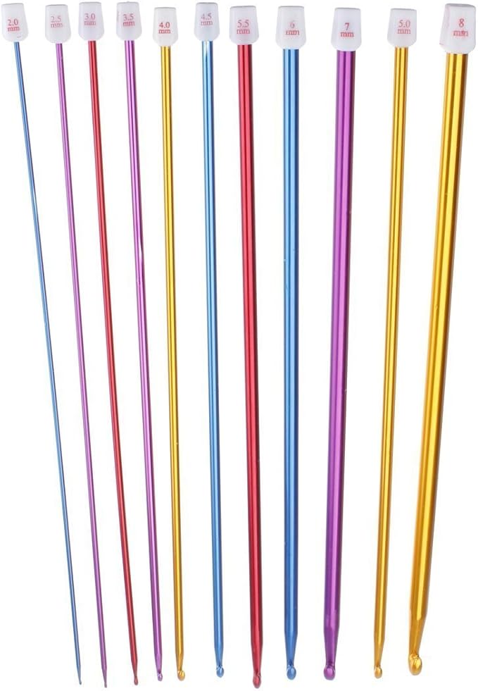 Zuoyou Crochet Hooks 11 Pack Diverse Size Assorted Color Tunisian Afghan Aluminum Knitting Needles Set (2mm to 8mm)