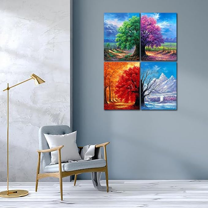 Muzagroo Art 4 Pack 5D Diamond Painting Kits for Adults DIY Diamond Art Kits 4 Seasons Trees Wall Art for Living Room Adults Crafts Diamond Dot Gem Art Kits for Beginners