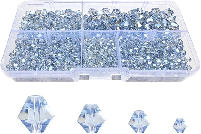 Light Blue Grey Bicone Glass Beads for Jewelry Making, Faceted Crytal Spacer Beads for Bracelet Necklace Earring (3mm 4mm 6mm 8mm Mixed Sizes, 1040pcs)