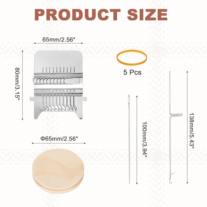 MECCANIXITY Mini Darning Loom, 10 Hooks Wood Weaving Knitting Machine with Knitting Needles for Repair Jeans Socks DIY Craft, Knit Patch Loom Weave Tool, Silver