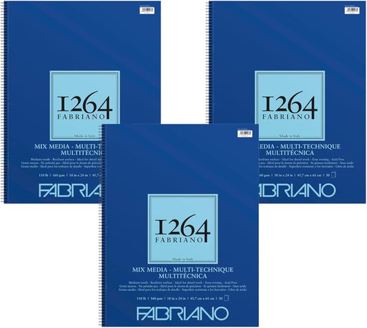 Fabriano 1264 Mixed Media Pad, 18" x 24" Spiral Bound, 110 lb., 3-Pack
