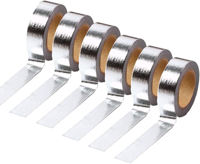 MEI YI TIAN 6 Rolls Solid Silver Foil Washi Tape Set 15mm Width 10m Length Glitter Paper Adhesive Masking Tapes Sticky Paper Tape for DIY Scrapbooking Bullet Crafts Art Journal Decoration