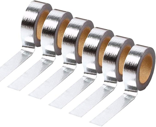 MEI YI TIAN 6 Rolls Solid Silver Foil Washi Tape Set 15mm Width 10m Length Glitter Paper Adhesive Masking Tapes Sticky Paper Tape for DIY Scrapbooking Bullet Crafts Art Journal Decoration