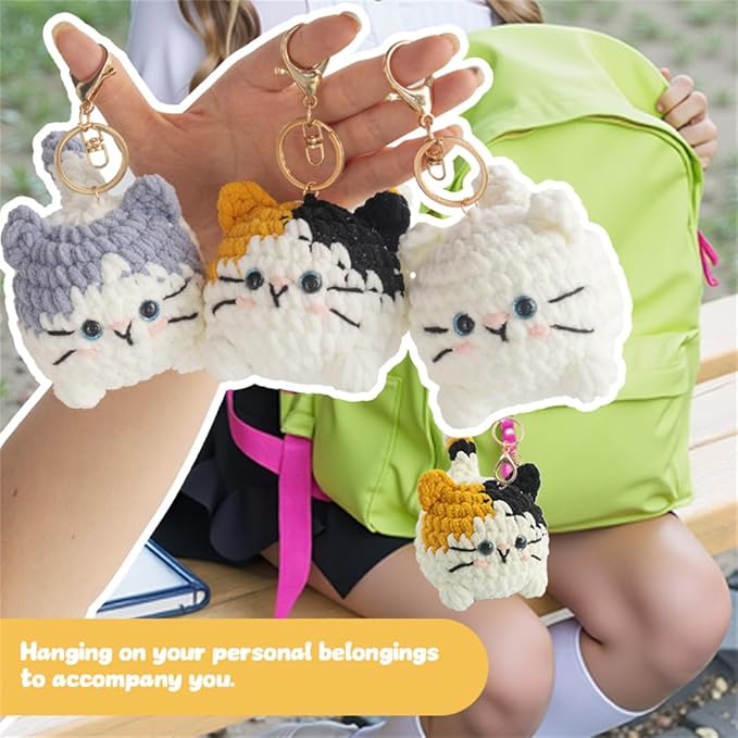 Linhao Jew Crochet Kit for Beginners – Cat Crochet Kit Keychain with Pre-Started Easy Yarn, Step-by-Step Video Tutorials for Adults & Kids DIY Crafts (Kitten)