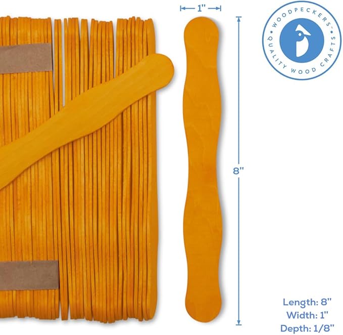 Wooden Yellow-Orange 8" Fan Handles, Wedding Programs, Paint Mixing, Pack 50 Jumbo Craft Popsicle Sticks for Auction Bid Paddles, Wooden Wavy Flat Stems for DIY Crafting Supplies Kit, by Woodpeckers