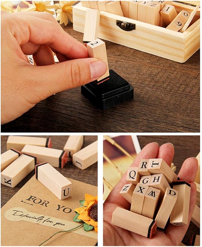 Alphabet Stamps Set,Vintage Wooden Rubber A-Z Letters and Numbers Diary Stamp Kit for Children DIY Scrapbooking Planner Card Making(36pcs)