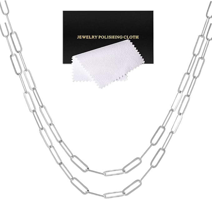 5 Pcs Paperclip Chain Necklace for Women 20 Inch Stainless Steel Silver Charm Necklace Chains Adjustable Link Chains with Lobster Clasps Polishing Cloth for DIY Women Jewelry Making Gifts Supplies