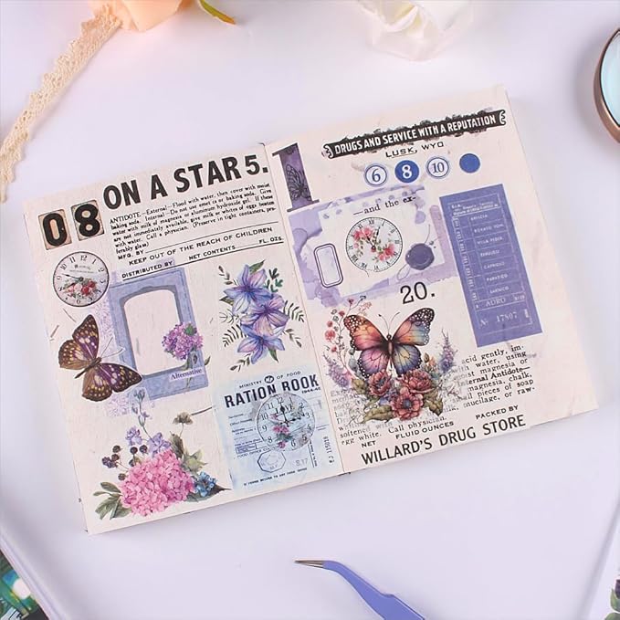 Vintage Washi Sticker Book for Journaling - 900+ Scrapbooking Stickers, Ephemera for Junk Journal Supplies DIY Crafts Arts Decorative 50 Sheets (Blue)