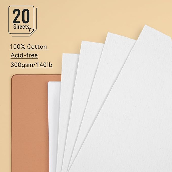 Lightwish Watercolor Sketchbook,100% Cotton Acid Free Watercolor Journal,300gsm/140lb Cold Press Watercolor Paper for Artists,Adults,Students,20 Sheets,9.25 * 6.3 Inches