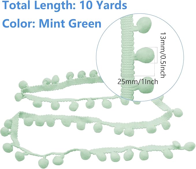 Homiest 10 Yards Pom Pom Trim for Sewing, 1 Inch Wide Mint Green Ribbon Bundles Textured Fabric Fringe Ribbon, 13mm Ball Pompom Trim for DIY Crafts Curtain Clothes Pillow Home Decoration