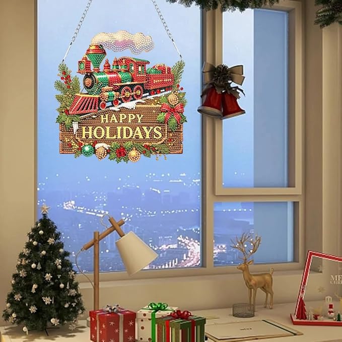SHLUHA Diamond Art Kits for Adults Diamond Art Happy Holidays Design Special Shape Acrylic Hanging Pendant Crystal Mosaic Home Wall Door Window Decor with Chain Handmade Christmas Gift (LL072)
