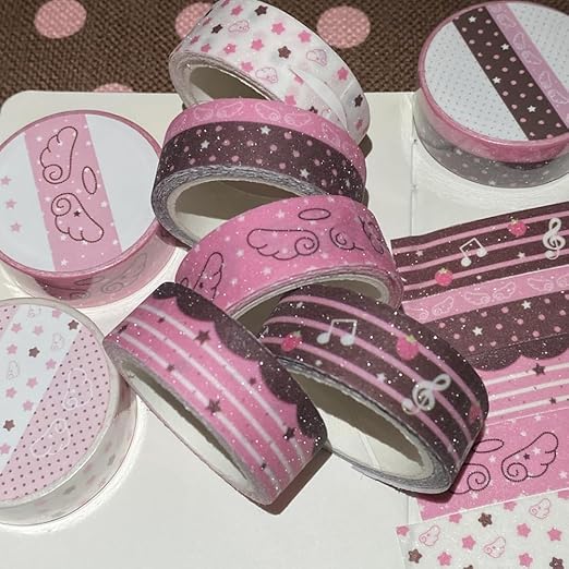 5Rolls Pink Strawberry Musical Note Glitter Washi Tape Set Decorative Star Masking Tapes Bulk Cute Washi Sticker for Journaling Kawaii Sparkling Scrapbook Tape Supplies for Craft Scrapbooking Journal