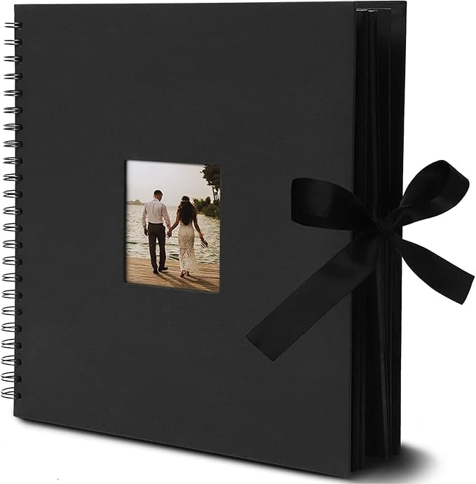 Juvale Spiral-Bound Scrapbook Album - Silk Ribbon Cover for Wedding Scrapbook - Durable Hardcover Black Paper Photo Albums - Complete Scrapbooking Supplies Kit, 80 Pages - 12.25 x 12.25 in, Black