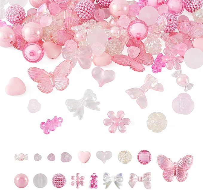 FASHEWELRY Pink Acrylic Pony Beads Assorted Heart Candy Flower Bear Beads Gummy Cute Pastel Bead Bulk for Bracelets Necklaces Key Chains Jewelry Making, 70pcs
