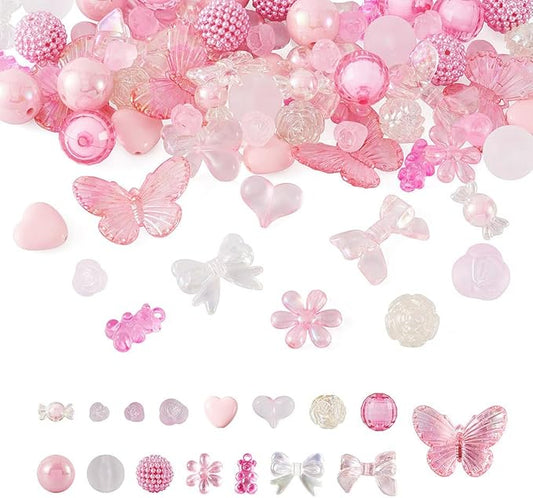 FASHEWELRY Pink Acrylic Pony Beads Assorted Heart Candy Flower Bear Beads Gummy Cute Pastel Bead Bulk for Bracelets Necklaces Key Chains Jewelry Making, 70pcs