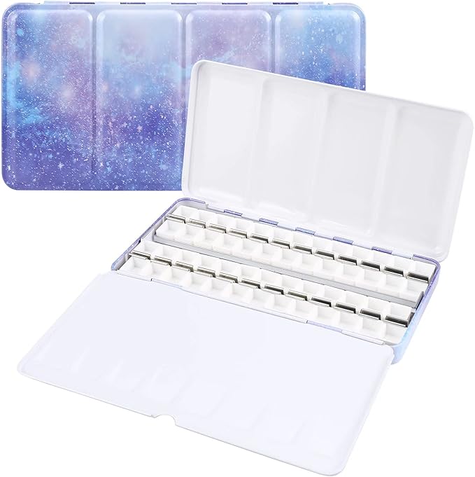 LOONENG Empty Watercolor Palette, Empty Watercolor Tin with Fold Out Palette, Large Purple Watercolor Tray Palette with 52 Empty Half Pans for Plein Air Painting and Sketching