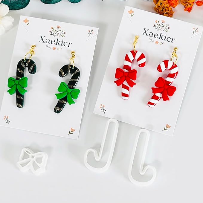 Xaekicr Christmas Candy Cane Polymer Clay Cutters – 3pcs Holiday Clay Earring Cutters Set for DIY Jewelry Making, Cute Bow and Candy Shapes, Clay Tools and Polymer Clay Molds