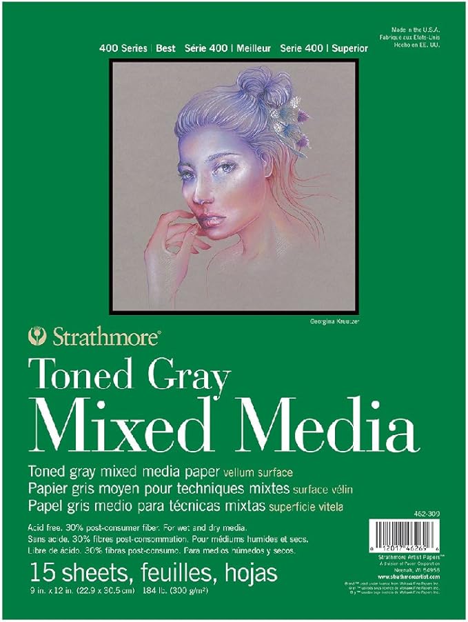 Strathmore 400 Series Toned Mixed Media Pad, 184 lb. Paper, 9 X 12 inches, Gray, 15 Sheets (462-309)